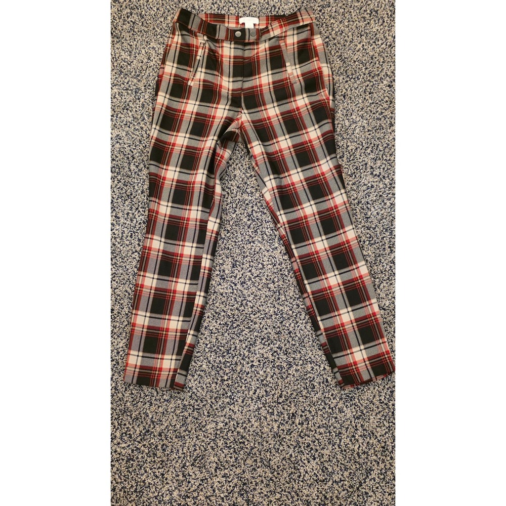 H&M Tartan Plaid Cigarette Pants Red Black Ivory Slim Ankle Trousers Size 10
